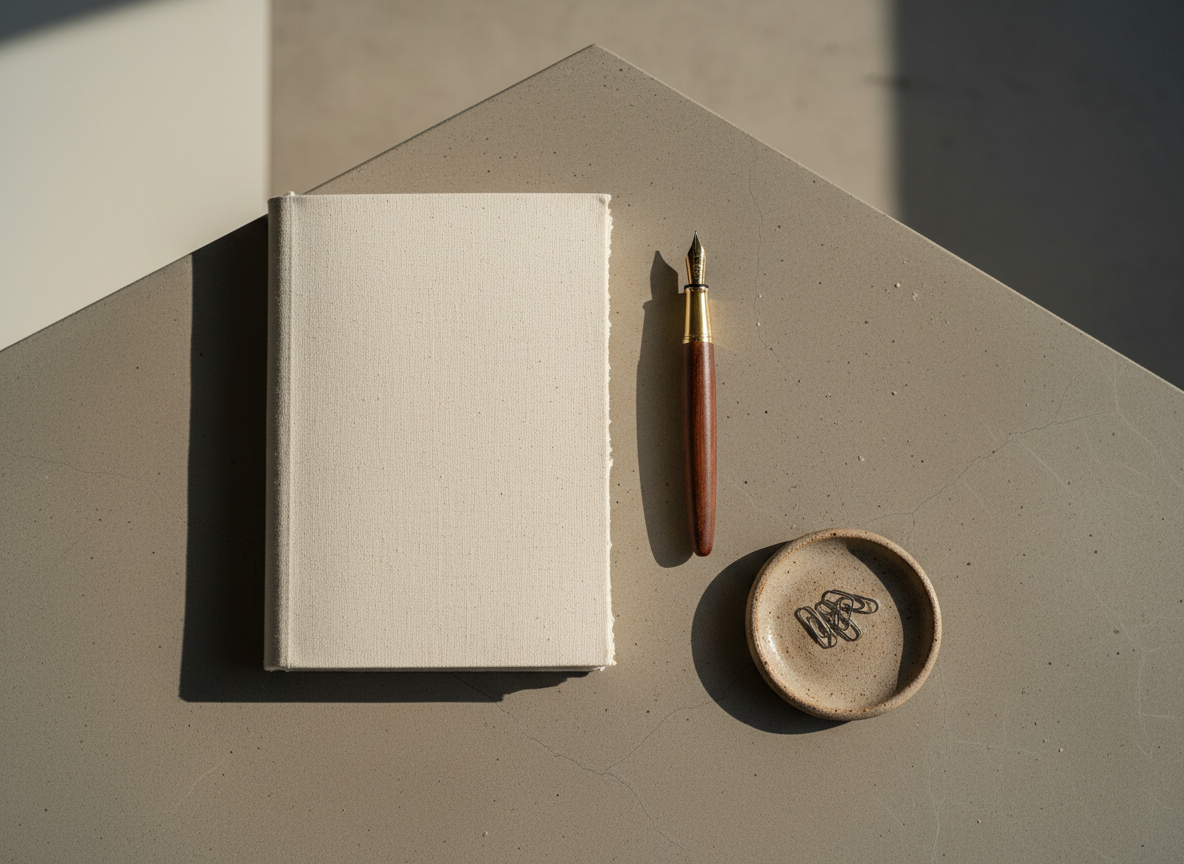 A meticulously arranged flat lay of an open, cream-colored linen notebook with slightly textured pages, a finely crafted fountain pen with a dark wooden barrel, and a small, sand-colored ceramic dish holding metal paperclips shaped like subtle infinity loops. The objects rest on a smooth, warm gray concrete surface with faint natural imperfections, evoking quiet authenticity. Soft morning light enters from the left, casting elongated, gentle shadows and revealing the grain of the paper and wood. The background fades into a soft blur of neutral tones. Shot from a true bird’s-eye view in photographic realism, with a calm, minimalist composition that symbolizes recording fleeting moments and connecting them over time.