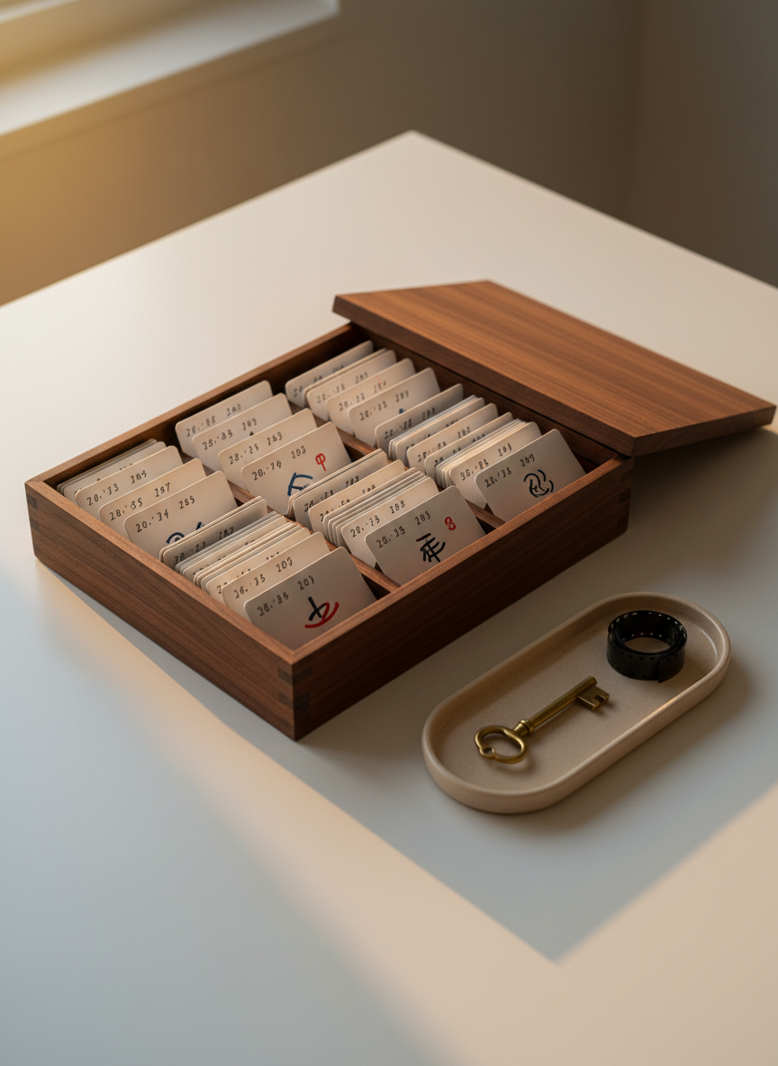 A sleek, low-profile, dark walnut archival box partially open on a tidy, matte white tabletop, revealing neatly stacked, assorted-sized cards with handwritten dates and minimal symbols. Beside it lies a slim, sand-beige ceramic tray holding a single brass key and a narrow strip of unexposed film. Gentle golden hour light streams from a window off-frame, creating a warm gradient across the surface and soft reflections on the brass. Shadows are long but delicate, enhancing a serene, contemplative atmosphere. Captured at an elevated three-quarter angle in photographic realism, with balanced negative space and precise focus, the image suggests carefully preserved moments and the quiet continuity between past records and future discoveries.