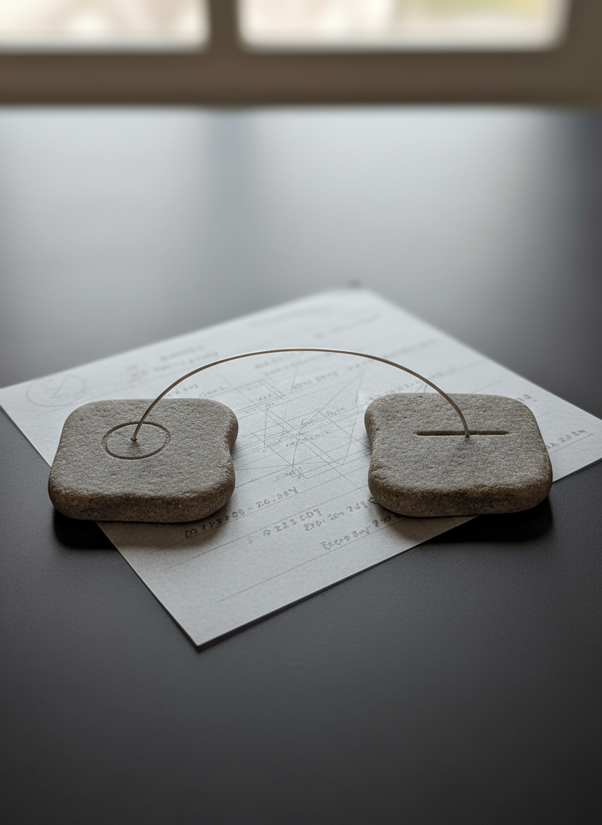 A close-up of a slender, silver thread delicately connecting two small, handcrafted stone tiles placed apart on a matte, charcoal desk surface. One tile features a faintly engraved circle, the other a simple line, both slightly worn as if handled often. A translucent sheet of tracing paper overlaps the gap between them, covered in faint pencil marks and timestamps. Diffused overcast light from above creates a soft, even illumination, highlighting the subtle textures of stone, metal, and paper. The composition uses the rule of thirds, with shallow depth of field emphasizing the thread as the visual bridge. Photographic realism with a clean, modern mood reflecting connection across time.
