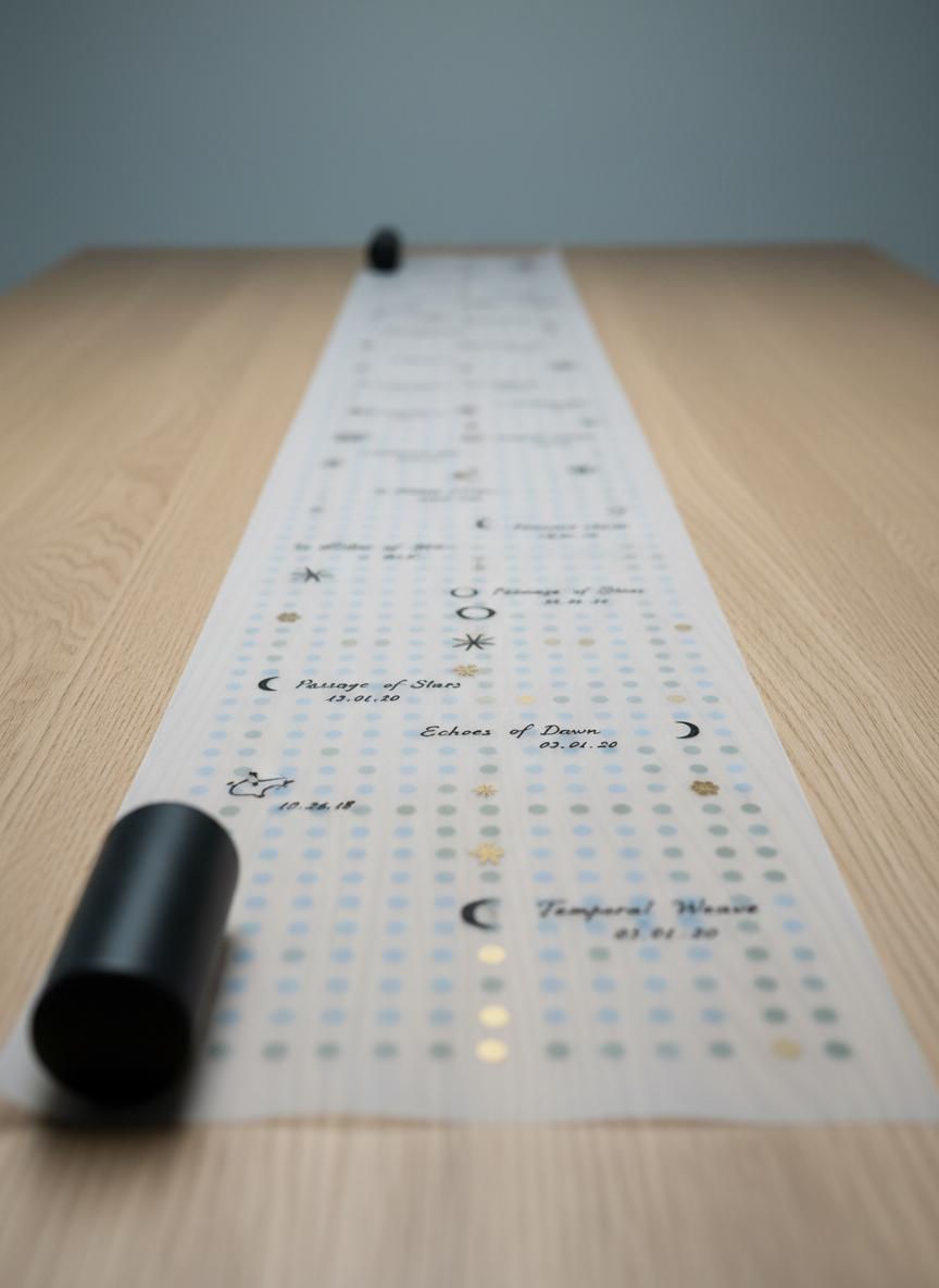 A long, continuous strip of semi-transparent vellum unfurled across a smooth, light oak table, its surface dotted with small, neatly placed symbols, dates, and short handwritten phrases in dark ink. Underneath the vellum, faintly visible, lies a grid of printed, softly colored dots that align with some markings above, implying hidden connections. A single, matte black ceramic stone anchors one end of the vellum. Cool, diffused studio lighting from above creates almost shadowless clarity, bringing out the grain of the wood and the soft sheen of the vellum. Photographic realism, shot at eye level from one end of the table, with the far length receding into a gentle blur, evoking continuity, quiet order, and the weaving of meaningful time.