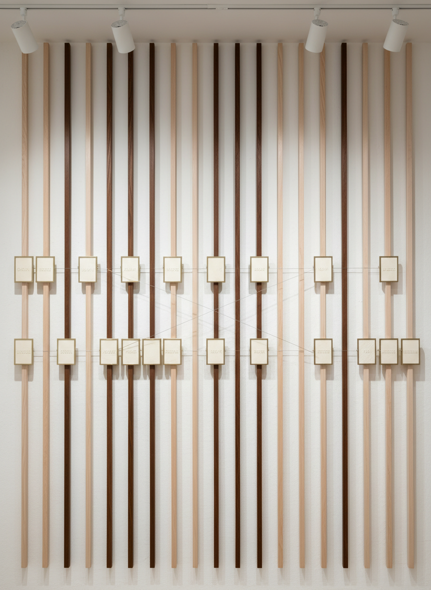 A minimalist wall installation consisting of thin, vertical wooden slats in alternating tones of ash and walnut, each bearing a small, metal-edged card with a date and a single word embossed in subtle, blind lettering. Fine, silver wires run horizontally between select slats, forming an understated network of lines. The wall behind is a smooth, warm white plaster, slightly textured. Directional gallery-style lighting from above creates crisp, clean highlights on the metal edges and measured shadows between slats, giving a refined, professional feel. Shot straight on in photographic realism, with a wide composition that emphasizes rhythm and structure, the scene embodies an elegant system for linking moments into a larger, coherent narrative.